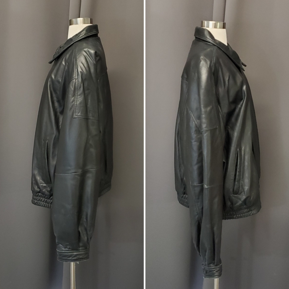 Vintage 90s y2k Black Leather Car Coat‎ Racer Racing Moto Bomber Jacket XXL - Picture 2 of 6
